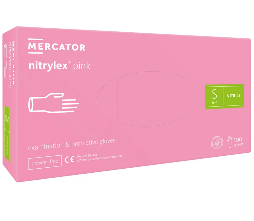 Rękawice diagnostyczne ochronne nitrylowe bezpudrowe różowe Nitrylex Pink 100 szt. eMERCATOR Mercator NITRILE GLOVES Pink S 100pcs.